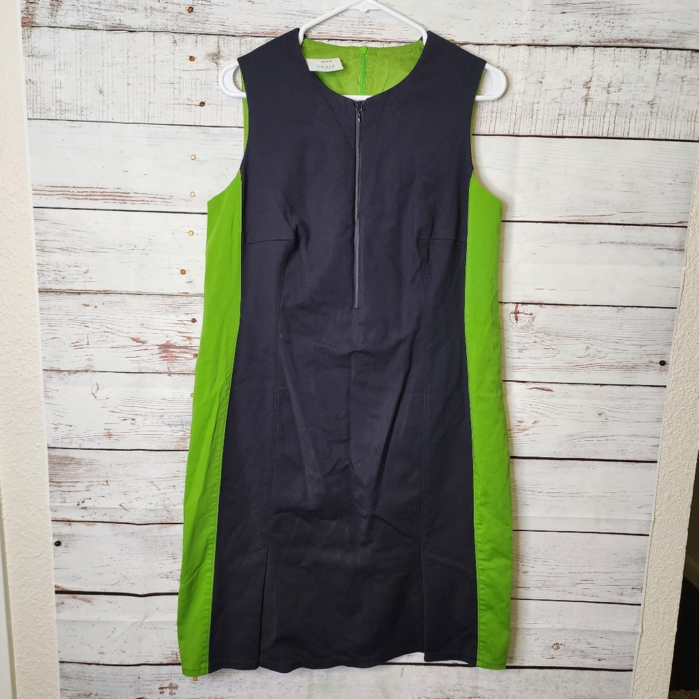 Akris Punto Navy & Green Crewneck Midi Shift Dress Zipper ..size 14